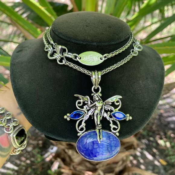 925 sterling silver overlay fairy charm blue Sapphires & agate gems necklace - Picture 12 of 14